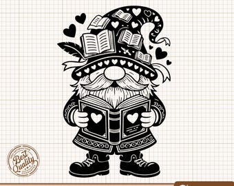 Gnomo leyendo SVG, Gnomo de libros PNG, Gnomo de biblioteca Clipart, Amante de los libros SVG, Gnomo con libros, Gnomo estudioso Clipart, Archivos de silueta de Cricut
