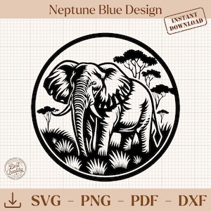 Peut inclure: Illustration en noir et blanc d'un éléphant dans un cercle, avec le texte "Neptune Blue Design" en haut. L'image comprend les mots "Téléchargement instantané" et les options de type de fichier : SVG, PNG, PDF et DXF.