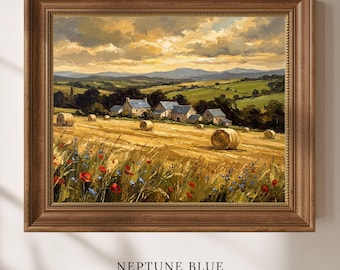 French Countryside Oil Painting Print, Poppy Field Hay Bale Landscape Wall Art, Golden Hour Farmhouse Printable, Instant Download