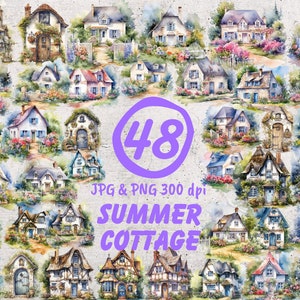 Summer Cottage Clipart 48 High Quality Set of JPGs and PNGs Cliparts, Commercial License, Watercolor Design, Digital Download, PNG Clipart