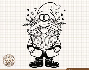 Gnomo de boda SVG, Gnomo con anillos PNG, Gnomo floral Clipart, Gnomo de amor SVG, Gnomo de boda, Gnomo Clipart, Archivos de corte de Cricut y Silhouette
