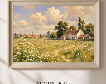 French Impressionist Landscape Print, Golden Meadow Farmhouse Oil Painting, Farmhouse Printable, Instant Download