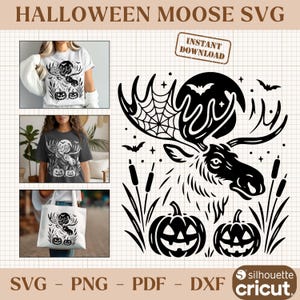Peut inclure: Motif de wapiti sur le thème d'Halloween en noir et blanc, avec une toile d'araignée, des chauves-souris et des citrouilles. Disponible en formats SVG, PNG, PDF et DXF. Le texte "HALLOWEEN MOOSE SVG" et "INSTANT DOWNLOAD" est inclus.