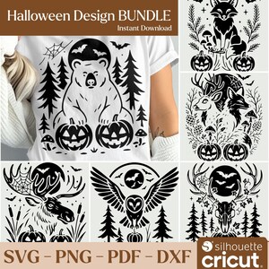Peut inclure: Un ensemble de motifs d'Halloween avec des illustrations en noir et blanc d'un ours avec des citrouilles, d'un renard, d'un cerf, d'un hibou et d'un crâne. Les motifs incluent des chauves-souris, des arbres et une pleine lune. Le texte "Halloween Design BUNDLE" et "Instant Download" sont visibles.