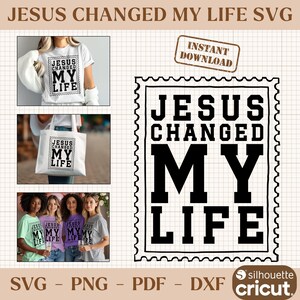 Peut inclure: Graphique noir et blanc avec le texte "JESUS CHANGED MY LIFE" dans un cadre décoratif. L'image montre le design sur un t-shirt et un sac fourre-tout, et un groupe de personnes portant les t-shirts.