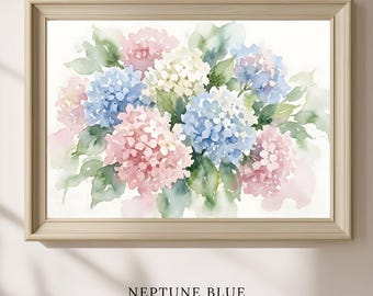 Watercolor Hydrangea Print, Pastel Floral Wall Art, French Country Cottage Decor, Pink and Blue Flowers Printable, Grandmillennial Download