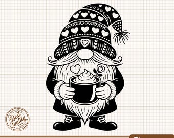Gnomo de San Valentín SVG, Gnomo de café PNG, Gnomo con corazón Clipart, Gnomo de amor SVG, Gnomo de San Valentín, Archivos de corte de Cricut y Silhouette