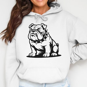 Bulldog Graphic Hoodie, Unisex White Sweatshirt, Dog Lover Gift, Casual Pullover, Pet Illustration Apparel