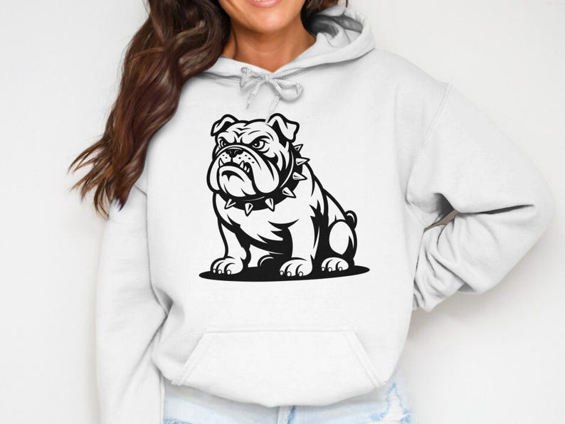 Bulldog Graphic Hoodie, Unisex White Sweatshirt, Dog Lover Gift, Casual Pullover, Pet Illustration Apparel