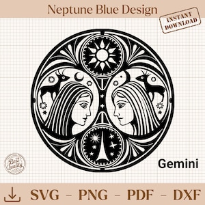 Peut inclure: Design de zodiaque Gémeaux noir et blanc avec deux profils féminins, un soleil, des étoiles et un bouc. Le design comprend le texte "Gemini" et "Téléchargement instantané". Le design est de "Neptune Blue Design".