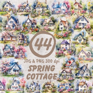 Spring Cottage Clipart 44 High Quality Set of JPGs and PNGs Cliparts, Commercial License, Watercolor Design, Digital Download, PNG Clipart