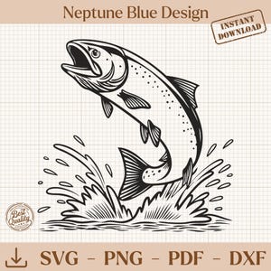 May include: Black and white illustration of a leaping fish with open mouth, emerging from water. The image includes the text "Neptune Blue Design" and "Instant Download". The bottom of the image includes the text "SVG - PNG - PDF - DXF".