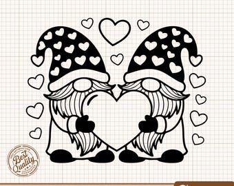 Gnomo de San Valentín SVG, Gnomos de amor PNG, Clipart de pareja de gnomos, Gnomos de corazón SVG, Gnomos de San Valentín, Archivos de corte de Cricut y Silhouette