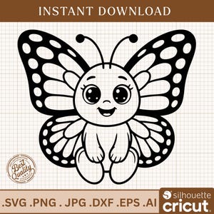 Peut inclure: Illustration numérique en noir et blanc d'un papillon de dessin animé souriant avec de grands yeux et des ailes à motifs. L'image comprend le texte "TÉLÉCHARGEMENT INSTANTANÉ" en haut et les extensions de type de fichier en bas. Un sceau "Meilleure qualité" est également présent.