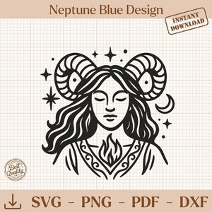 Peut inclure: Design numérique en noir et blanc représentant une femme aux yeux fermés, avec des cornes et des cheveux flottants, entourée d'étoiles et d'un croissant de lune. Le texte "Neptune Blue Design" et "Instant Download" sont en haut. Le texte en bas indique "SVG - PNG - PDF - DXF".
