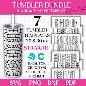 Puede incluir: Un paquete de 7 plantillas para vasos, de 20 y 30 oz, diseño recto. La imagen incluye un vaso con un patrón geométrico en blanco y negro y varias plantillas con texto. El texto incluye frases como "To Hell With This" y "Fuck This Shit".