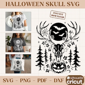 May include: A black and white Halloween design with a deer skull, bats, a full moon, and a jack-o'-lantern. The design is suitable for SVG, PNG, PDF, and DXF formats. The text "HALLOWEEN SKULL SVG" is at the top.