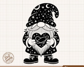 Gnomo espacial SVG, Gnomo galáctico PNG, Clipart de corazón y planeta, Gnomo estrellado SVG, Gnomo celestial, Clipart de gnomo - Archivos de Cricut y Silhouette