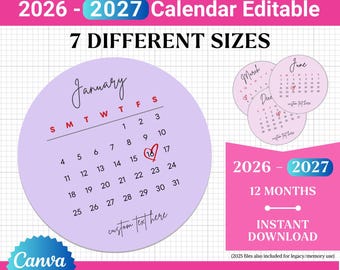 Plantillas de adornos para tartas 2026, Calendario editable, Adorno para tartas que se quema, Calendario 2026/2027, Calendario imprimible, Plantilla de Canva