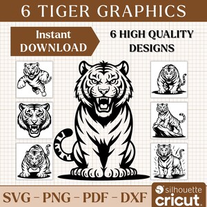 Peut inclure: Graphique de téléchargement numérique avec six motifs de tigres en noir et blanc. Les motifs incluent des tigres dans diverses poses, avec le texte "6 TIGER GRAPHICS" et "Instant DOWNLOAD". Compatible avec Silhouette et Cricut.