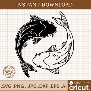 Peut inclure: Illustration en noir et blanc de deux carpes koï disposées en cercle. Le design comprend le texte "INSTANT DOWNLOAD" en haut et des options de type de fichier en bas. Un sceau "Best Quality" est dans le coin inférieur gauche.