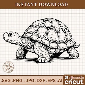 Peut inclure: Dessin au trait noir et blanc d'une tortue marchant sur un fond quadrillé. La tortue a une carapace détaillée et une peau texturée. L'image comprend le texte "TÉLÉCHARGEMENT INSTANTANÉ" en haut et des options de type de fichier en bas.
