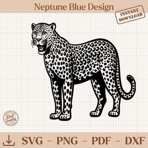 Peut inclure: Illustration en noir et blanc d'un léopard tacheté, debout, la gueule ouverte. L'image comprend le texte "Neptune Blue Design" et "Instant Download". Comprend également les types de fichiers : SVG, PNG, PDF et DXF.