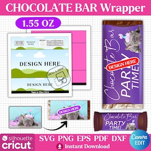 Peut inclure: Un modèle d'emballage de barre chocolatée avec le texte "Chocolate Bar Wrapper" et "1.55 OZ". Le design comprend un emballage violet avec un bouledogue portant un chapeau de fête et les mots "Party Time!". Il existe également des modèles de personnalisation.