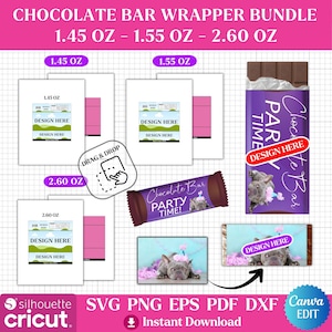 May include: A bundle of chocolate bar wrappers in various sizes, including 1.45 oz, 1.55 oz, and 2.60 oz. The design features a purple and brown color scheme with the text "Chocolate Bar PARTY TIME!" and "DESIGN HERE". Includes a graphic of a bulldog.
