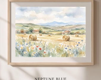 French Countryside Watercolor Print, Rolling Hills Farmhouse Landscape Wall Art, Wildflower Hay Bale Printable, Instant Download