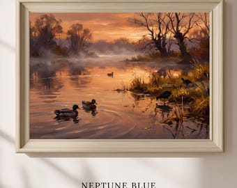 Golden Hour Duck Pond Wall Art, French Country Oil Painting Print, Autumn Sunset Mallard Lake, Rustic Farmhouse Decor, Printable