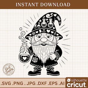 Peut inclure: Illustration en noir et blanc d'un gnome portant un chapeau orné de fioles et de cœurs. Le gnome a une longue barbe et tient une fiole. L'image comprend le texte "TÉLÉCHARGEMENT INSTANTANÉ" et les extensions de type de fichier.