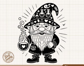 Gnomo mago SVG, Poción mágica PNG, Científico de fantasía Clipart, Enano lindo SVG, Gnomo de San Valentín, Gnomo Clipart, Archivos de corte de silueta de Cricut
