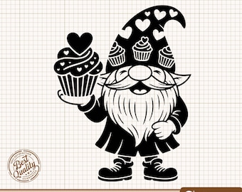 Gnomo de San Valentín SVG, Gnomo con cupcake PNG, Gnomo dulce Clipart, Gnomo repostero SVG, Gnomo con temática de San Valentín, Archivos de corte para Cricut y Silhouette