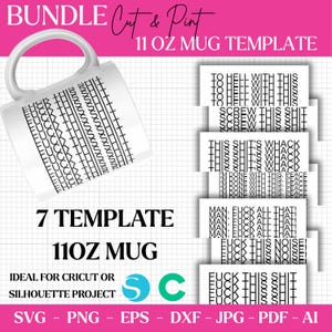 Op de afbeelding: Witte 312 gram mok sjabloon met een zwart geometrisch ontwerp. De afbeelding bevat zeven sjablonen met verschillende zinnen. Tekst op de afbeelding is "BUNDLE Cut & Print", "7 TEMPLATE 11OZ MUG" en "IDEAL FOR CRICUT OR SILHOUETTE PROJECT".