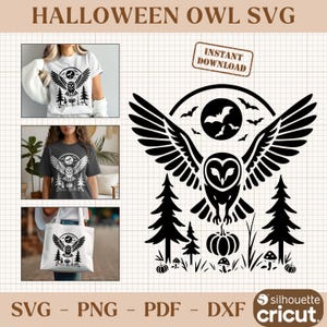 Peut inclure: Motif SVG noir et blanc sur le thème d'Halloween avec un hibou aux ailes déployées, une pleine lune, des chauves-souris et des pins. Le motif est présenté sur un t-shirt et un sac fourre-tout. Le texte comprend "HALLOWEEN OWL SVG" et "TÉLÉCHARGEMENT INSTANTANÉ".
