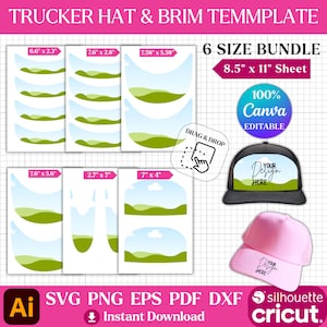 Peut inclure: Un modèle de casquette de camionneur rose et noir avec le texte "YOUR DESIGN HERE". L'image comprend six modèles de tailles avec des mesures en cm, et le texte "TRUCKER HAT & BRIM TEMMPLATE". Comprend également "6 SIZE BUNDLE" et "Instant Download".