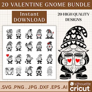 Puede incluir: Un paquete de diseño digital con 20 gnomos de San Valentín en blanco y negro. Los gnomos tienen varios accesorios y detalles con temática de corazón. La imagen incluye el texto "20 Valentine Gnome Bundle" y "Instant Download."