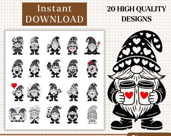 Paquete SVG de gnomos de San Valentín, 20 archivos de corte de gnomos de San Valentín para Cricut, clipart de gnomos de amor, silueta de gnomos de corazón, uso comercial