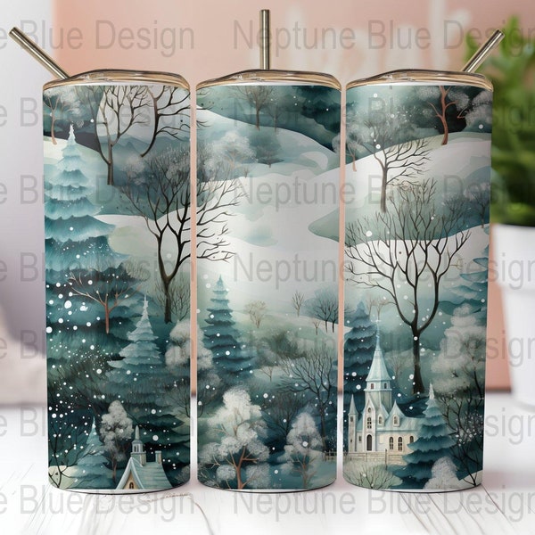 20 oz Greenish Winter Scene Tumbler Wrap, Straight Tumbler Wrap, Digital Download, Sublimation Graphics Instant Download PNG, Commercial Use