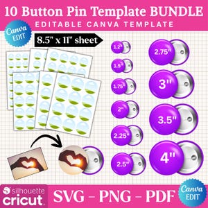 Peut inclure: Un ensemble de modèles d'épingles à bouton avec différentes tailles, dont 3,05 cm, 3,81 cm, 4,45 cm, 5,08 cm, 5,72 cm, 6,35 cm, 6,99 cm, 7,62 cm, 8,89 cm et 10,16 cm. Le design comprend des modèles Canva modifiables sur une feuille A4, avec des formats SVG, PNG et PDF.