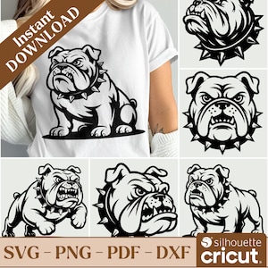 May include: A white t-shirt featuring a black and white bulldog graphic with a spiked collar. The image includes various bulldog designs, along with the text "Instant Download" and file type options: SVG, PNG, PDF, and DXF.