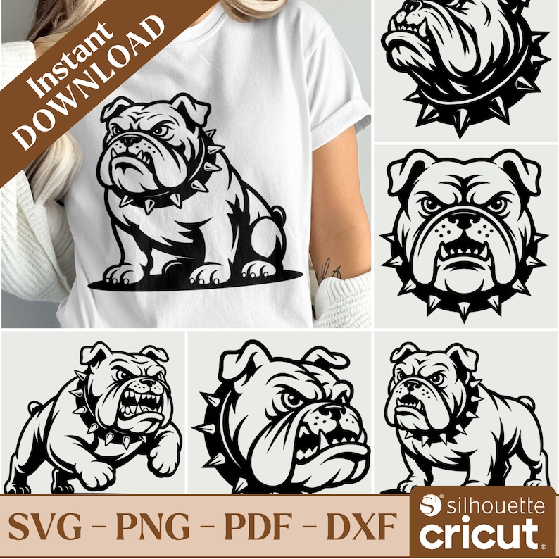 May include: A white t-shirt featuring a black and white bulldog graphic with a spiked collar. The image includes various bulldog designs, along with the text "Instant Download" and file type options: SVG, PNG, PDF, and DXF.