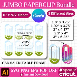 Peut inclure: Un lot de trombones géants avec un cadre modifiable Canva. Le design comprend 5 tailles différentes, allant de 4,57 cm x 9,53 cm à 7,62 cm x 15,88 cm. La taille de la feuille est de 27,94 cm x 21,59 cm. Inclut les formats SVG, PNG, EPS, PDF et DXF.
