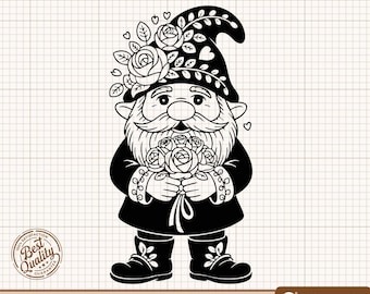 Gnomo de San Valentín SVG, Gnomo con rosas PNG, Gnomo de amor Clipart, Gnomo de flores SVG, Gnomo de corazón, Archivos de corte para Cricut y Silhouette