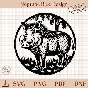 Puede incluir: Ilustración en blanco y negro de un jabalí dentro de un marco circular, con el texto "Neptune Blue Design" en la parte superior. La imagen incluye las palabras "Descarga instantánea" y opciones de tipo de archivo: SVG, PNG, PDF y DXF.