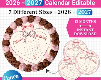 Plantilla de adorno para tarta de calendario 2026/2027, adorno circular editable para calendario de cumpleaños en Canva, imagen personalizada de pastel de cumpleaños con forma de corazón, ideas para fiestas DIY