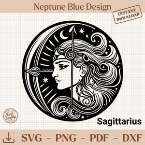 May include: A black and white Sagittarius zodiac design. The image shows a woman's profile with flowing hair, a bow and arrow, and celestial elements. Text includes "Neptune Blue Design", "Instant Download", and "Sagittarius".