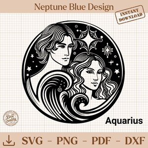 Peut inclure: Design noir et blanc d'Aquarius avec deux figures, des étoiles et des motifs de vagues. Le design comprend le texte "Aquarius" et "Téléchargement instantané". L'image est intitulée "Neptune Blue Design" et comprend des options de type de fichier.