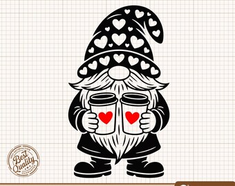 Gnomo de San Valentín SVG, Gnomo de amor PNG, Gnomo de café Clipart, Gnomo de corazón SVG, Gnomo con café, Gnomo Clipart, Archivos de corte de silueta de Cricut